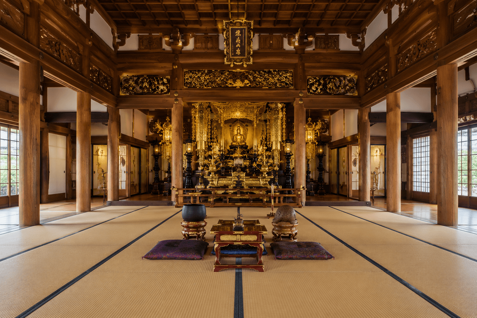 日本の寺院本堂の静かな雰囲気