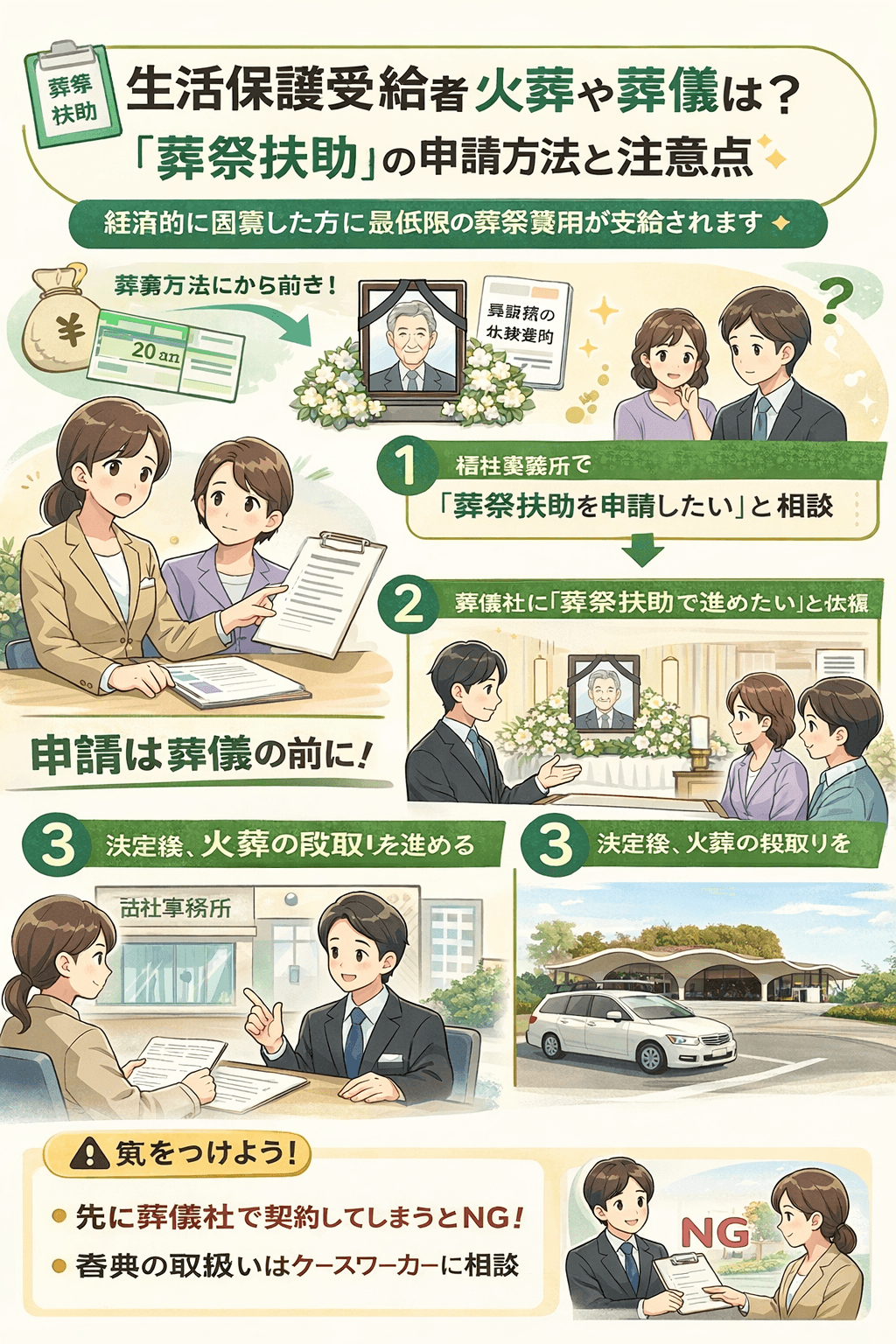 生活保護受給者の葬祭扶助の対象・金額の目安・申請の流れを解説するコラム記事のイメージ